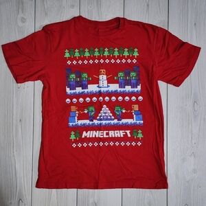 Red Minecraft Graphic Christmas Holiday Short Sleeve T-Shirt Size L 10-12